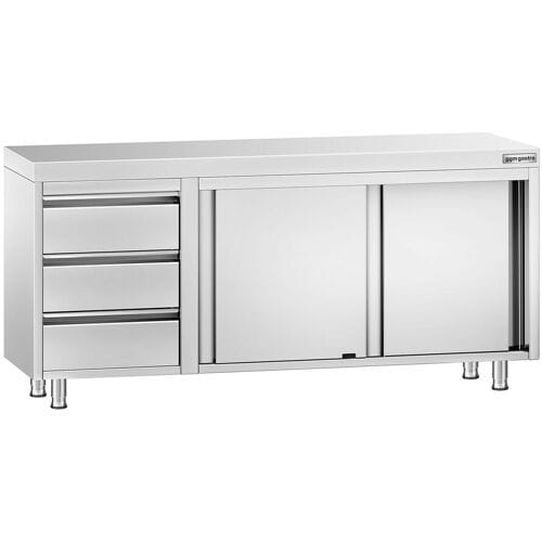 GGM Gastro RVS Werkkast PREMIUM - 1800x700mm - met 2 schuifdeuren, 3 laden links zilver