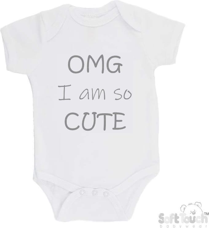 100% katoenen Romper "OMG I am so CUTE" Unisex Katoen Wit/grijs Maat 62/68