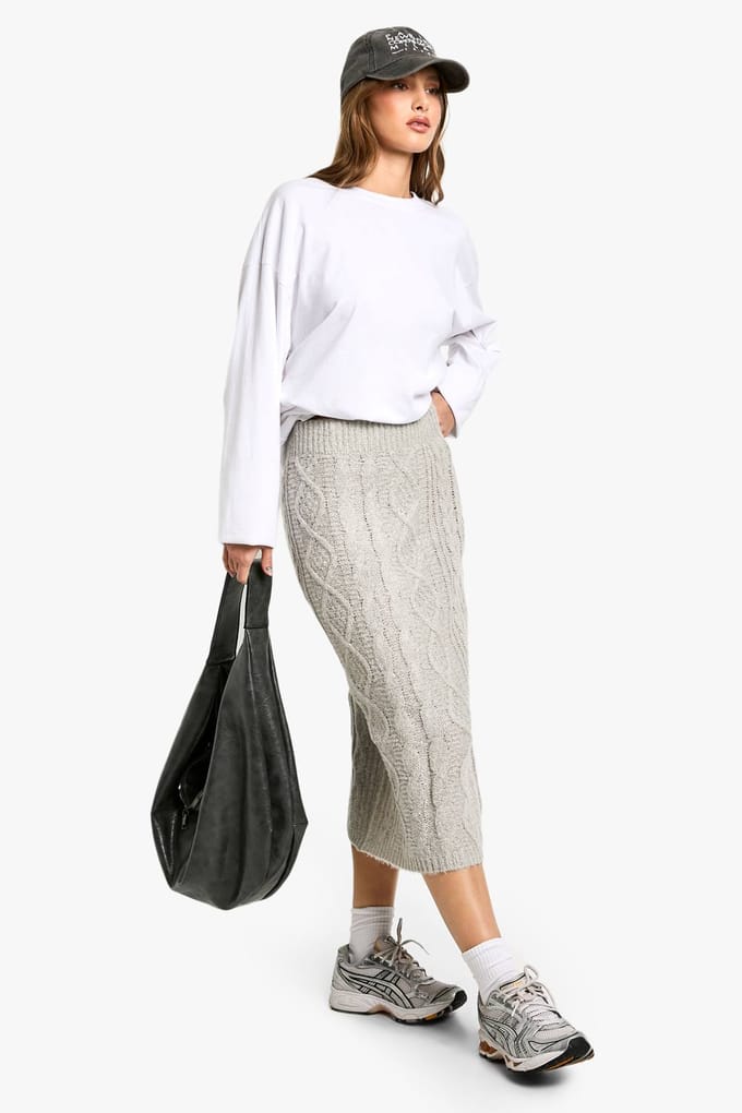 boohoo Dames Fluffy Chunky Cable Knit Midaxi Rok | Havermout | Maat: Small