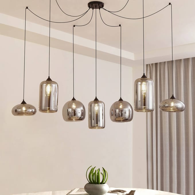 Lindby hanglamp Marla, 7-lamps, glas, rookgrijs, 128cm