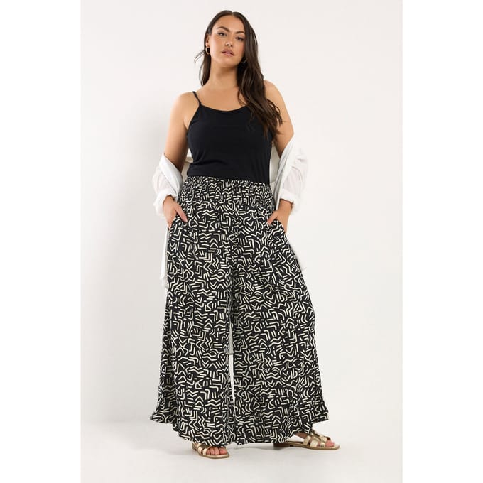 Yours Broek Met Abstracte Print, Wijde Pijpen En Elastische Taille In Zwart Size 48