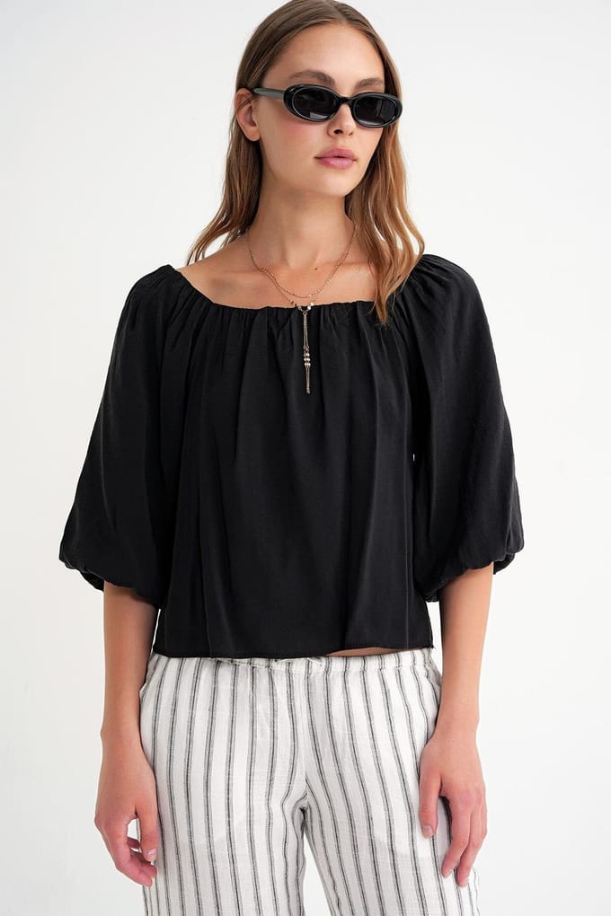 Modal Gemengde Blouse met Madonna Kraag en Rimpeldetail