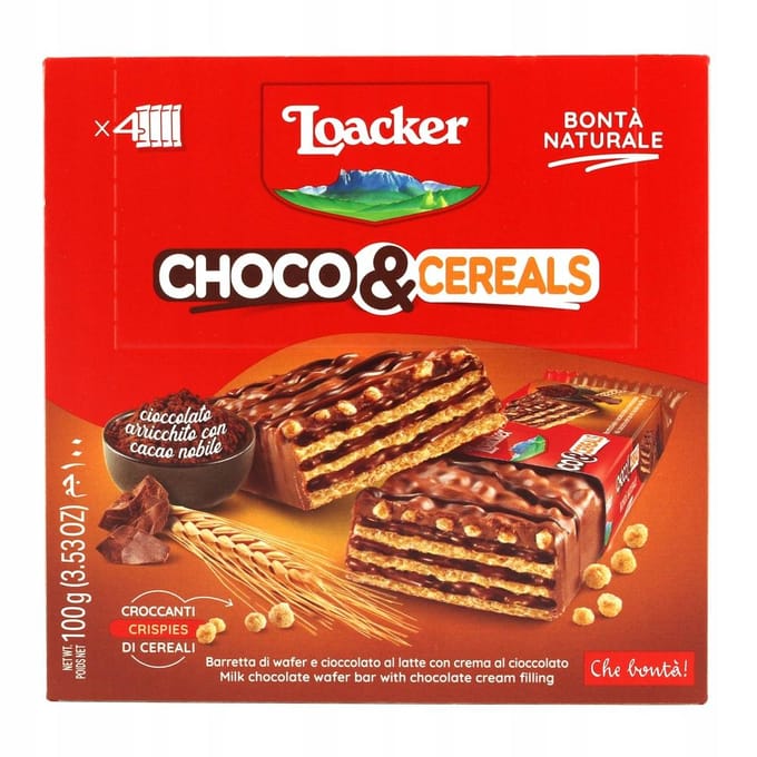 Chocoladewafels met chocoladevulling en Loacker vlokken 4x25g