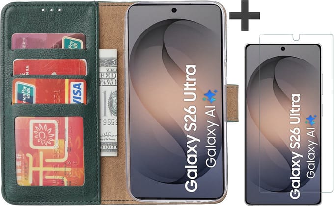 Hoesje met Screenprotector Geschikt voor Samsung Galaxy S26 Ultra – Arara bookcase met pasjeshouder - Groen