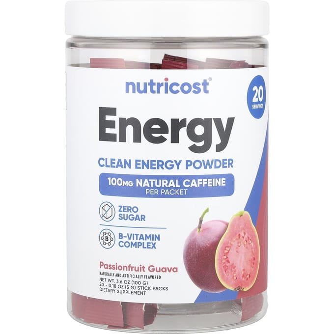 Nutricost, Énergie, Poudre d'énergie propre, Fruit de la passion Goyave, 20 sachets sticks, 5 g (0,18 oz) chaque