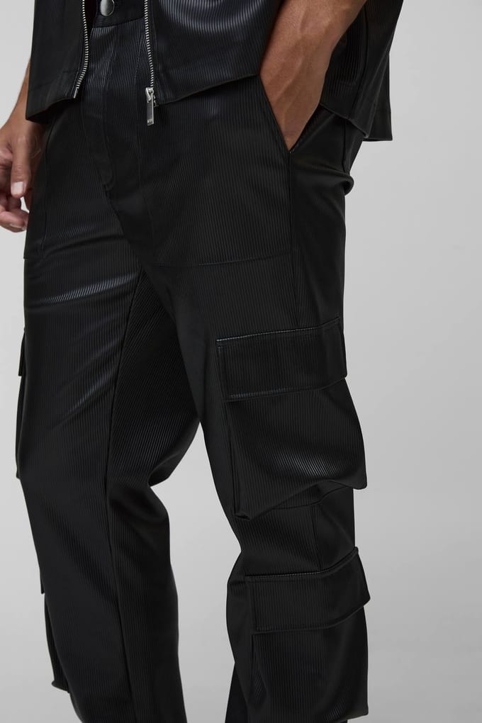 Hoge geplooide PU gestapelde cargobroeken met wijde pijpen | Black | Size 32