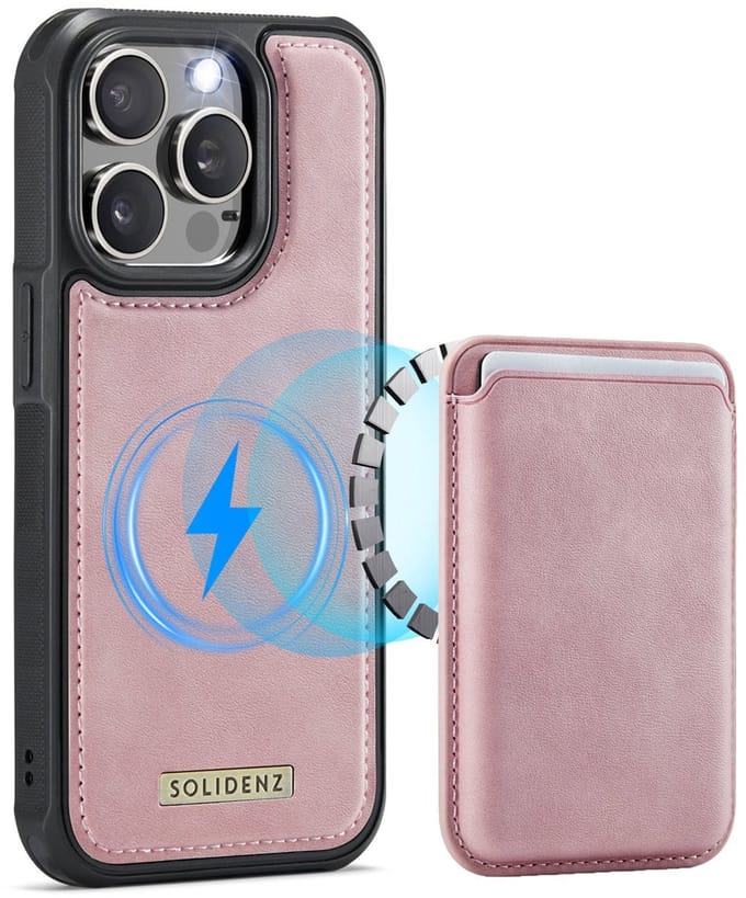 Solidenz Hoesje geschikt voor iPhone 15 Pro Max - Luxe Wallet met Magnetische Pasjeshouder - Compatibel met MagSafe - Schokbestendig - Roze