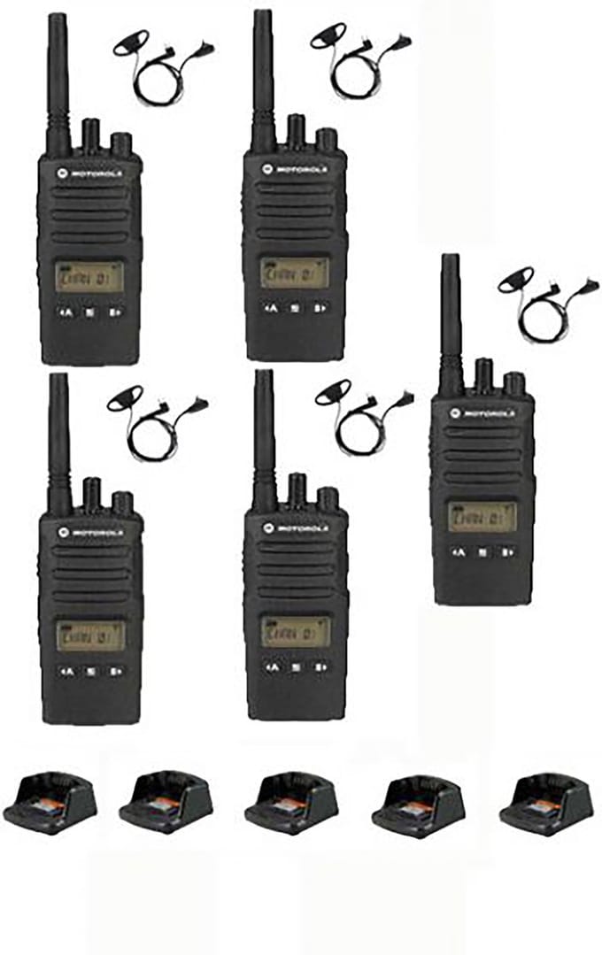 Set van 5 Motorola XT460 IP55 PMR446 met D-shape oortje M1 2-Pins en tafellader