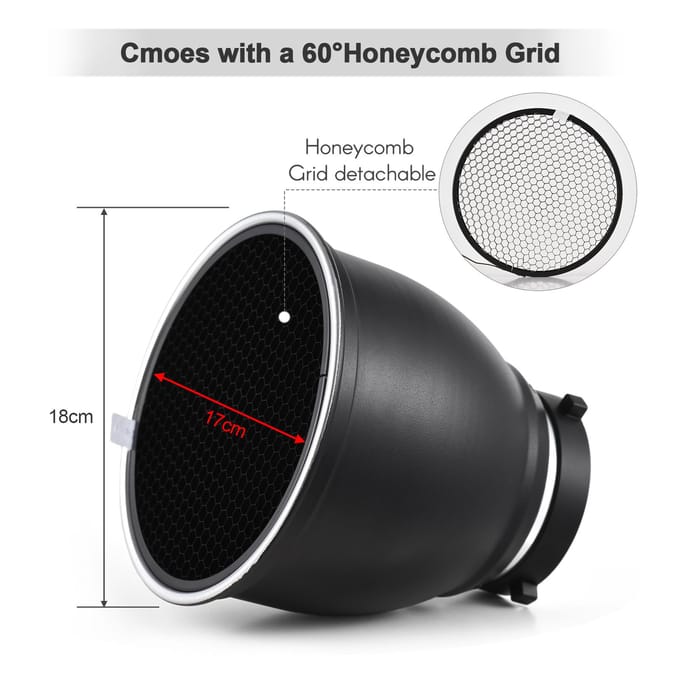 7 Inch Bowens Mount Beauty Dish Standaard Reflector Diffuser Lampenkap Schotel met 60 graden Honingraatraster & Diffuser zwart