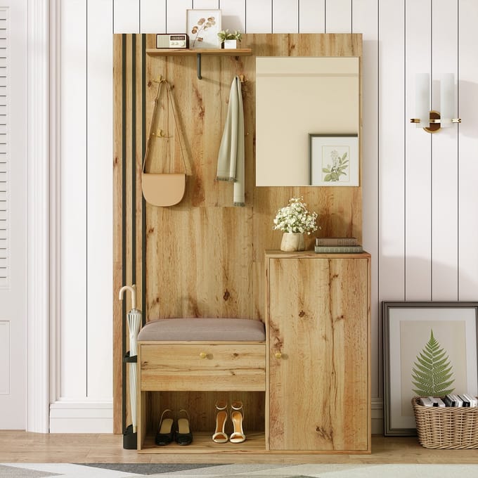MODFU - Halgarderobe - Spiegel En Zitkussen - Modern - Hal - MDF - Naturel En Zwart - 115 X 185 X 37 Cm