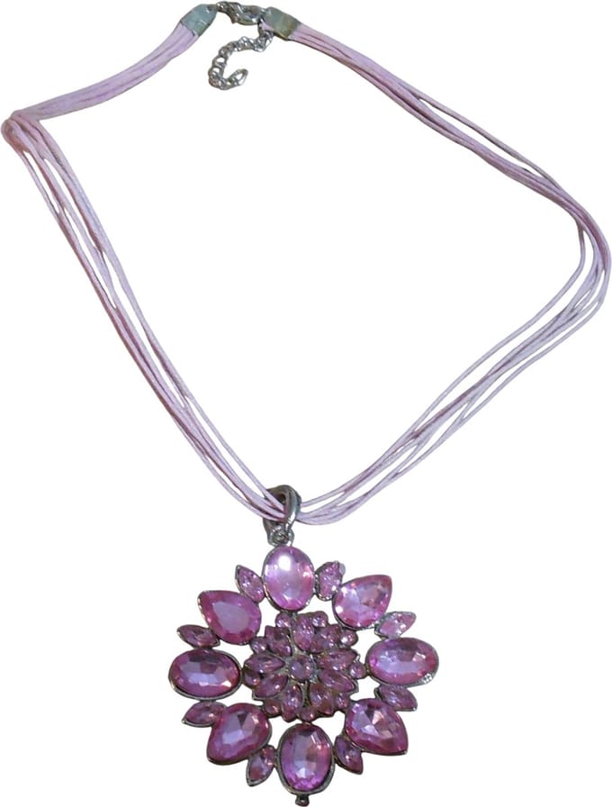 Ketting met ronde hanger bloem blaadjes strass stenen roze #2