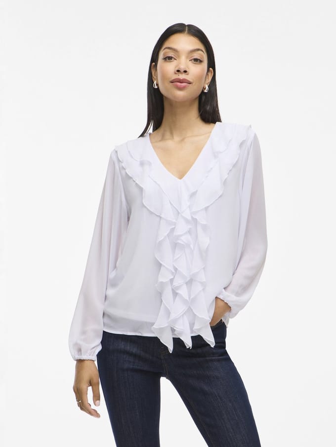 VILA - VIANE L/S V-NECK FRILL TOP - NOOS - Dames - Blouses