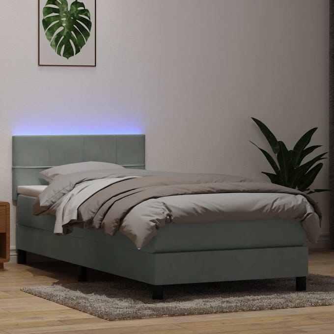 vidaXL - Boxspring - met - matras - en - LED - fluweel - lichtgrijs - 80x220 - cm