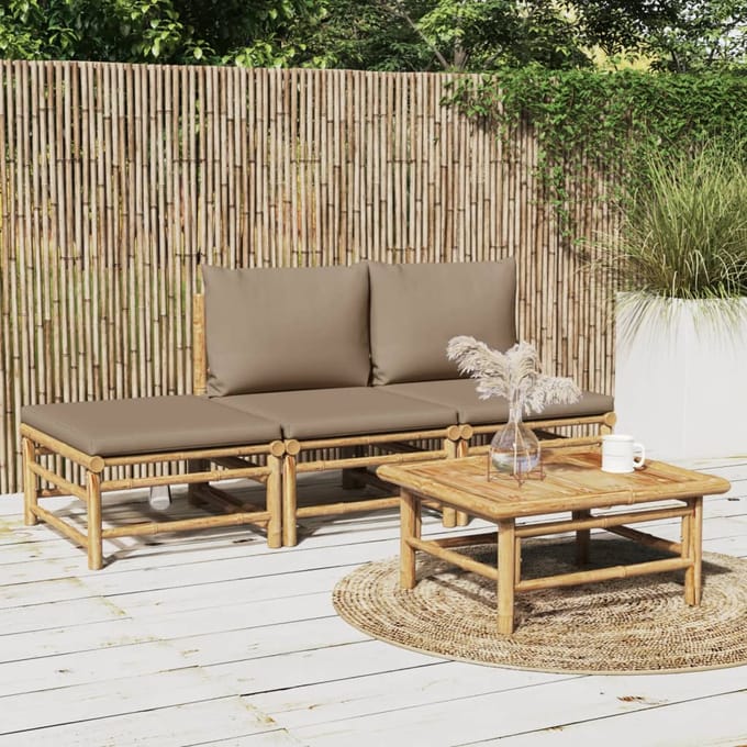 vidaXL - 4-delige - Loungeset - met - kussens - bamboe - taupe
