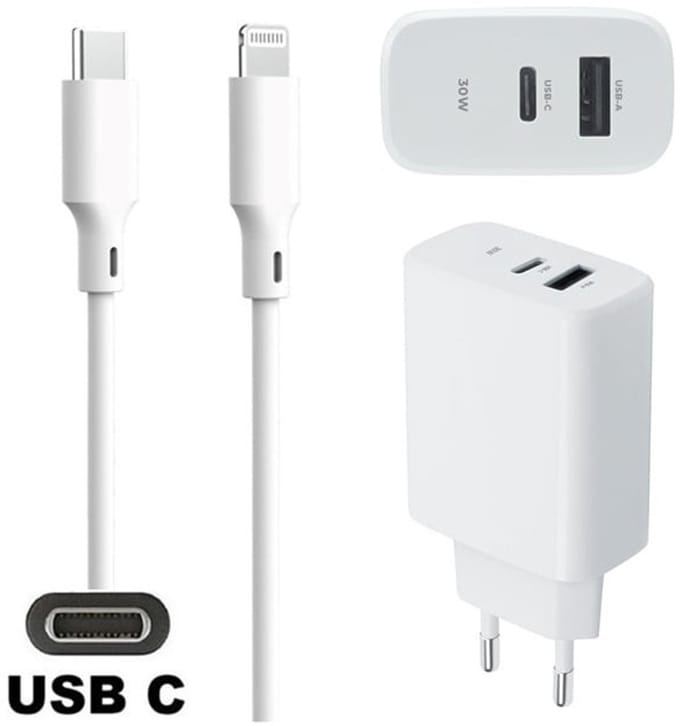 OneOne 30W super snellader met 2 poorten + 1,5m OneOne USB C naar Lightning kabel. PD lader. Oplader adapter past op Apple iPhone SE 2, iPhone 8, iPhone 8 Plus, iPhone 10, iPhone X, iPhone XR, iPhone XS, iPhone XS Max, iPhone 11