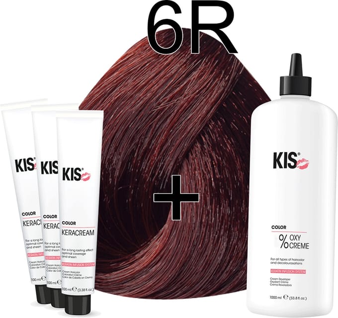 Kis KeraCream Color - 100ml - Haarverf Set - 6R Rood | KIS - (3 x haarverf & 1L waterstofperoxide)