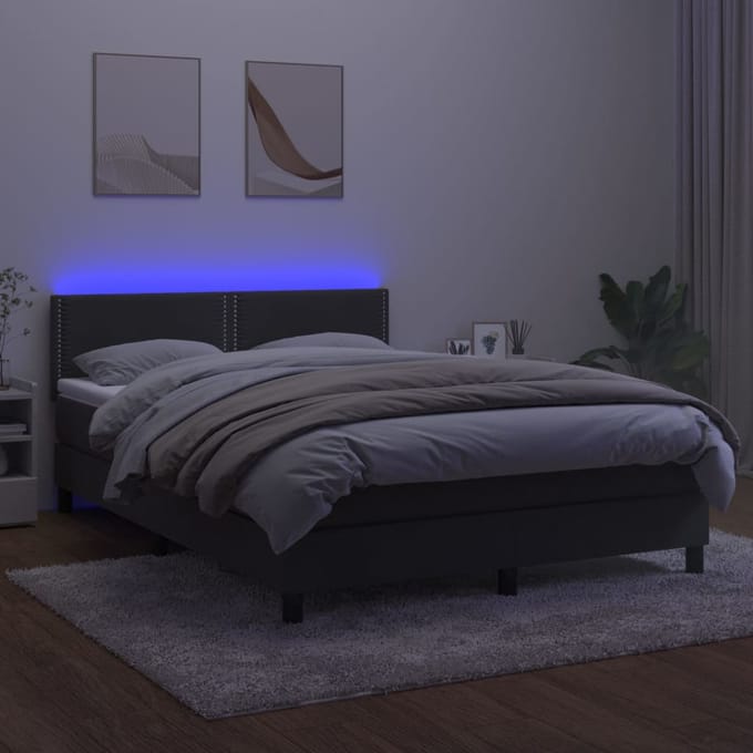 vidaXL - Boxspring - met - matras - en - LED - fluweel - donkergrijs - 140x190 - cm