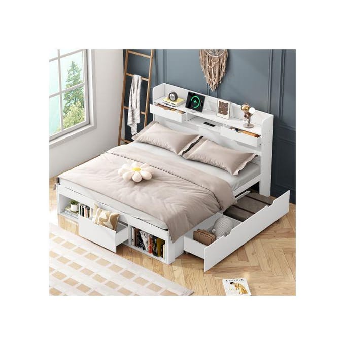 Tweepersoonsbed - MUVOE - 140x200 cm - Met USB-poort - Opberglades - Wit wit