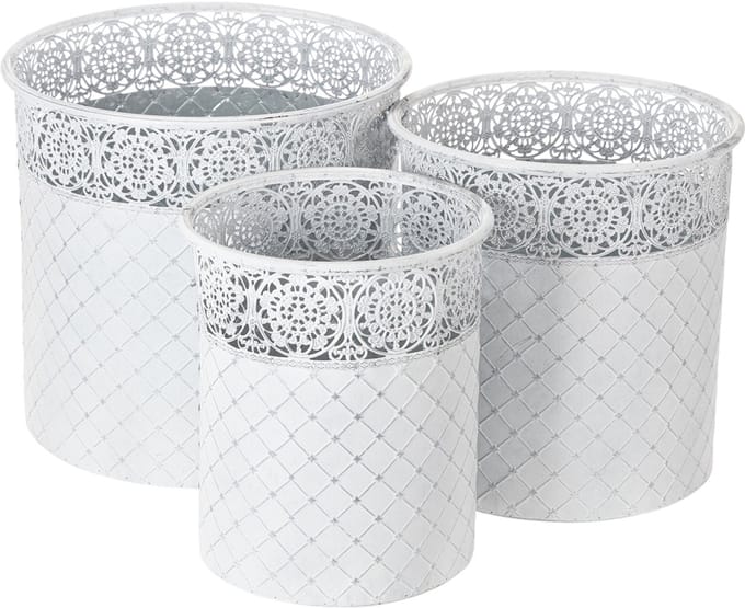 Bloempot met kantpatroon, metalen container, decoratieve emmer, wit, z