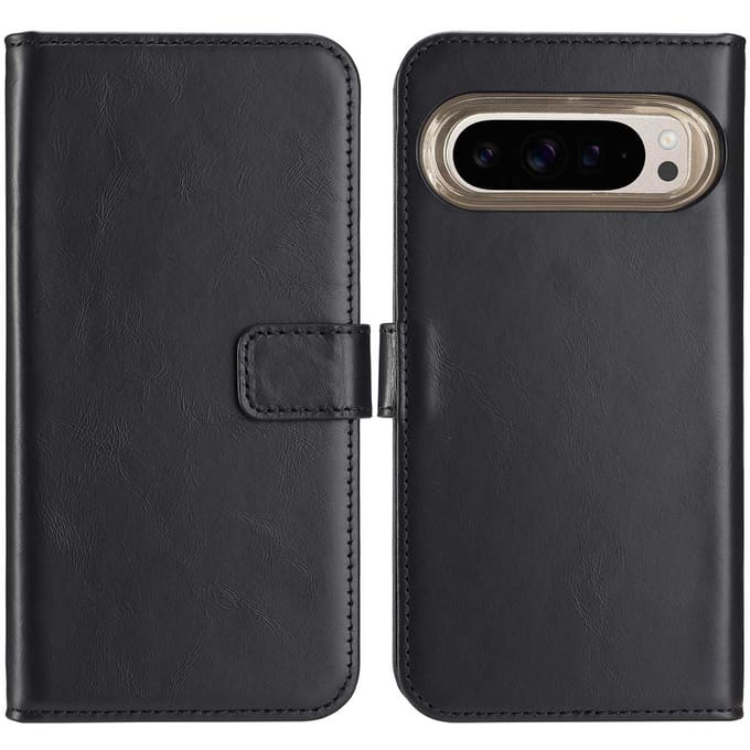 Selencia Hoesje - Geschikt voor Google Pixel 9 / 9 Pro - Echt Lederen Bookcase - Zwart