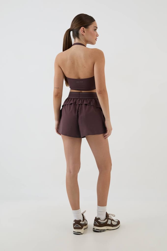 Dames Dsgn Studio Geweven Short Met Elastische Taille En Losse Pasvorm | Chocoladebruin | Maat: Medium