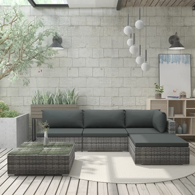 vidaXL - 5-delige - Loungeset - met - kussens - poly - rattan - grijs