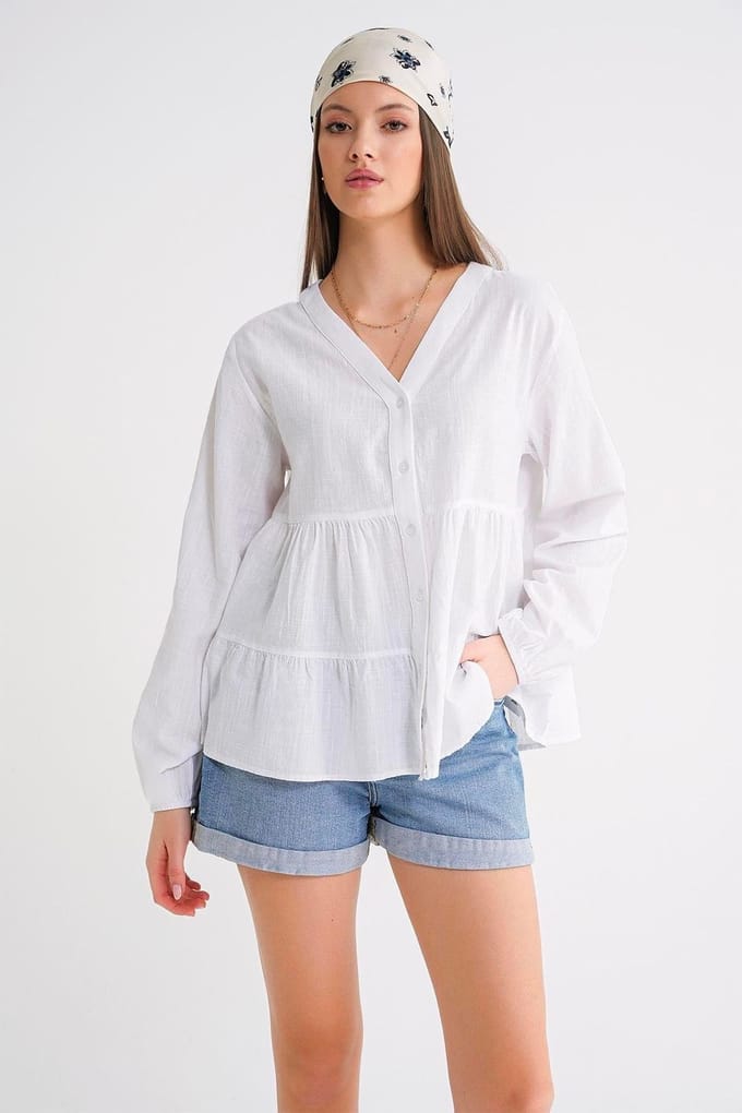 Lange Mouwen Gelaagde V-hals Blouse