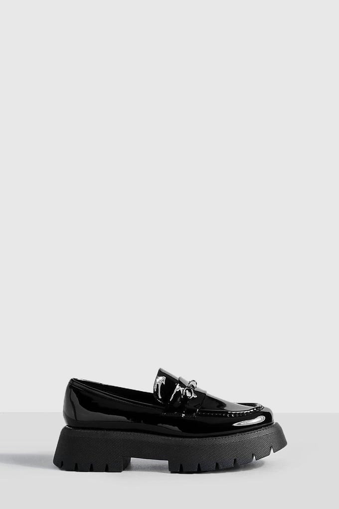 boohoo Dames Wide Fit Platform Chunky Sole T Bar Loafers | Zwart | Maat: 38
