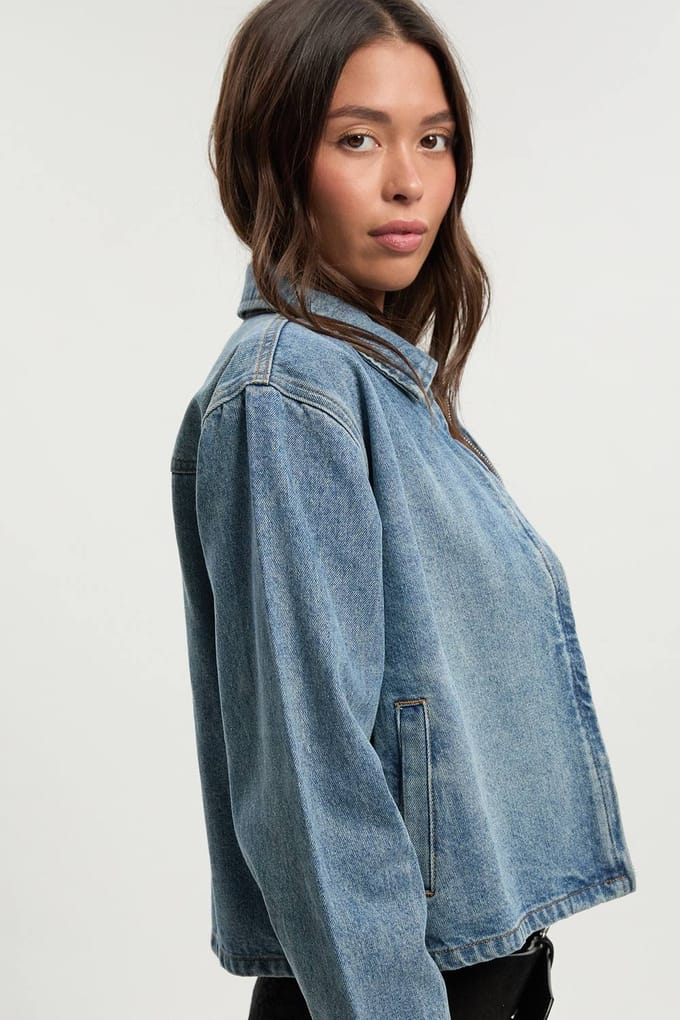 boohoo Dames Denimjasje met kraag | Mid Blue | Maat: 16