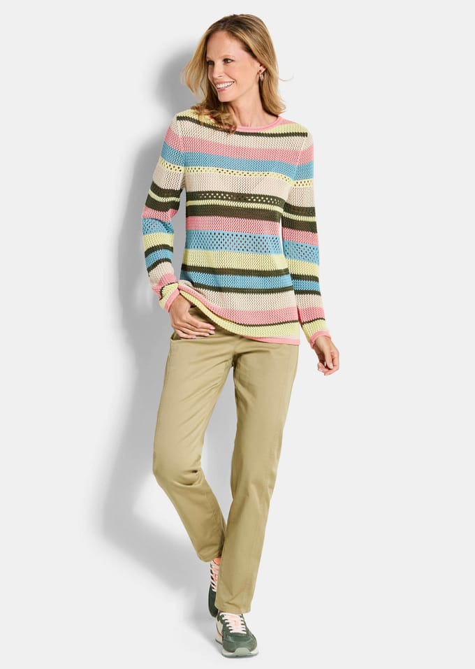 Gestreepte pullover met ajourpatroon - meerkleurig / gedess. - Gr. 50 van Goldner Fashion