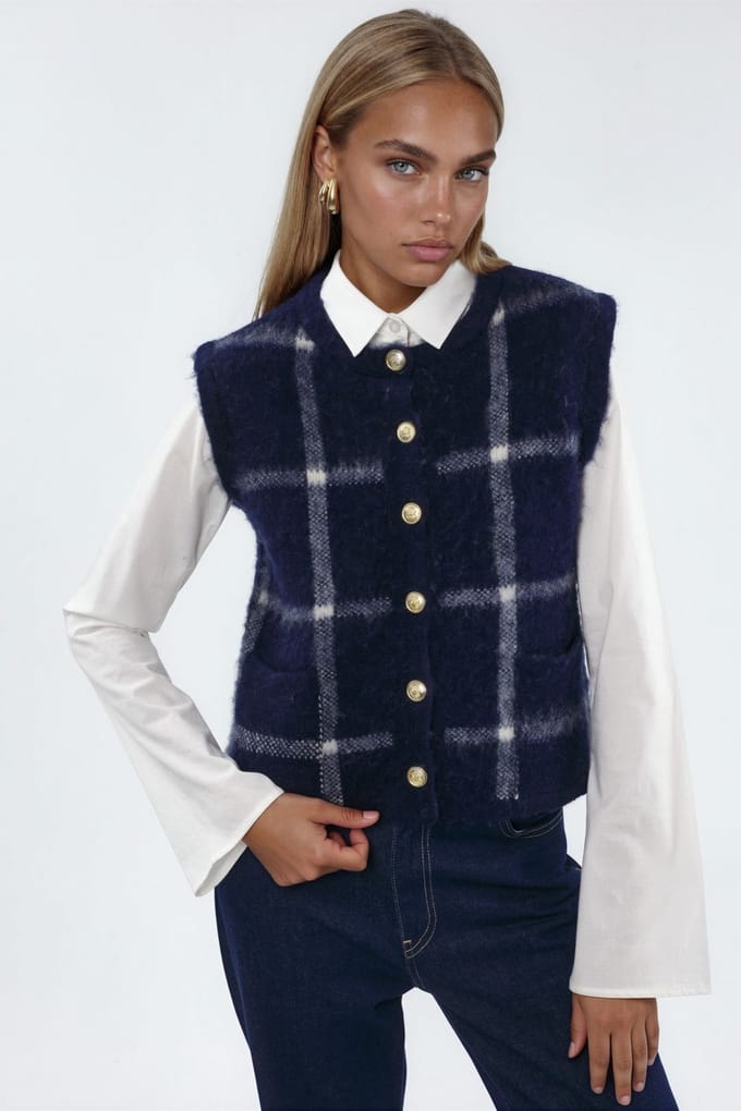 Geruite Crew Neck Sweater Vest met Knopen