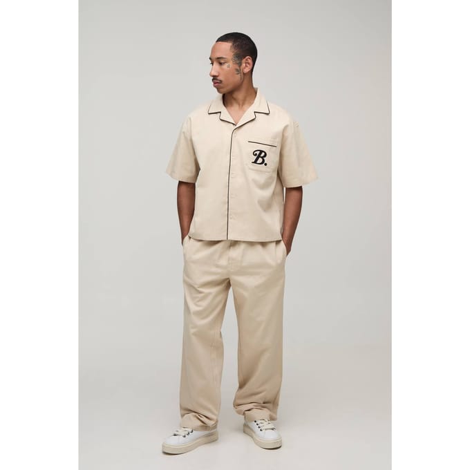 Oversized Shirt Met Zakdetail En Ontspannen Broek Set In Twill | Stone | Size Medium