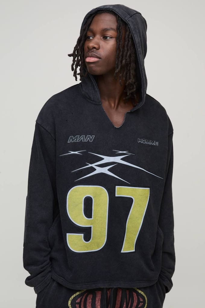 Oversized Boxy Versleten Gescheurde Nek Hoodie | Black | Size XS