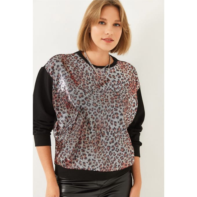 Leopardprint Sequins Crewneck Sweatshirt