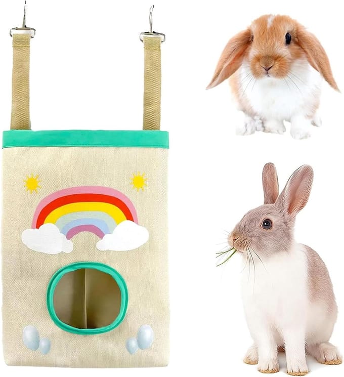Bunny Hay Feeder, Hanging Rabbit Hay Feeder Bag for Rabbits Guinea Pigs Chinchillas Hamster