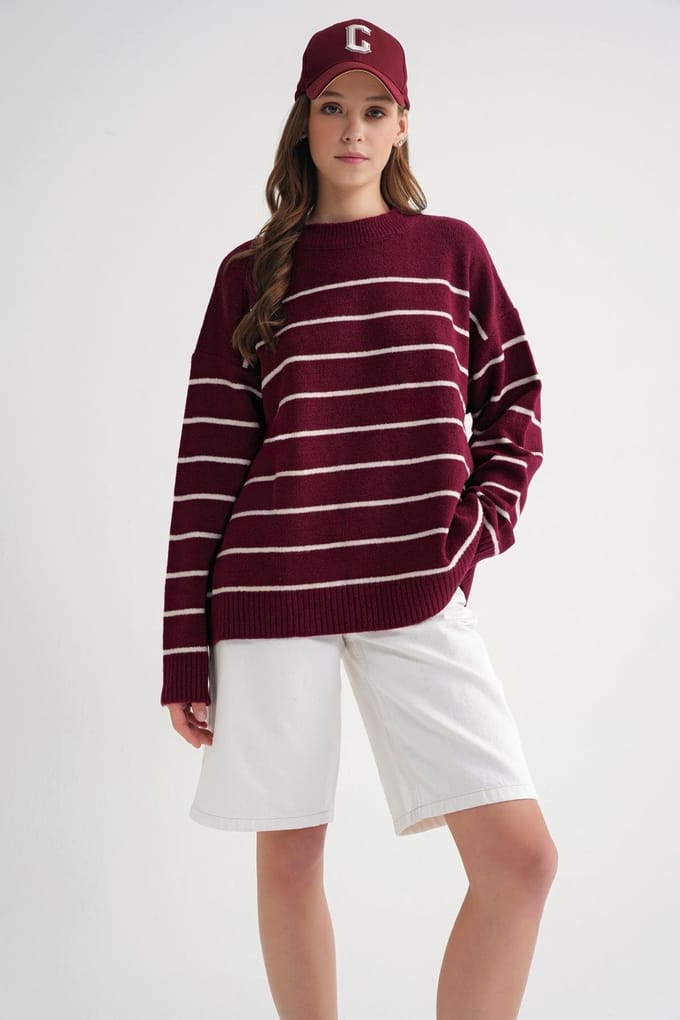 Gestreepte Crew Neck Ontspannen Gebreide Pullover Trui