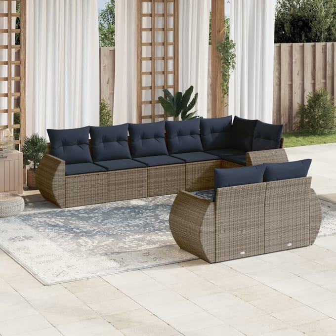 vidaXL - 8-delige - tuinbankset - met - kussens, - grijs - polyrotan