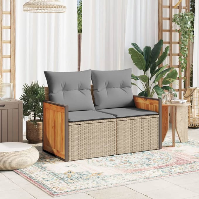 vidaXL - Tuinbank - 2-zits - met - kussens - poly - rattan - beige