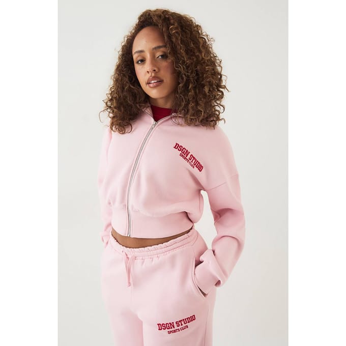 Dames Dsgn Studio Applique Boxy Crop Hoodie Met Rits | Pink | Maat: Medium