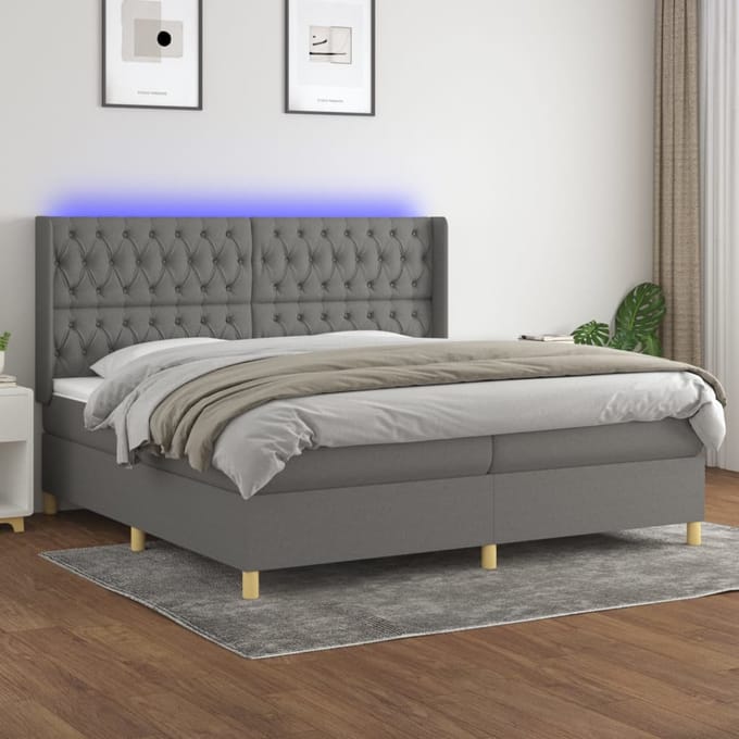 vidaXL - Boxspring - met - matras - en - LED - stof - donkergrijs - 200x200 - cm