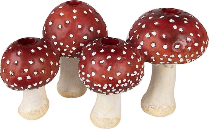 Clayre & Eef Kandelaar Paddenstoel 17 cm Rood Wit Polyresin Herfst decoratie