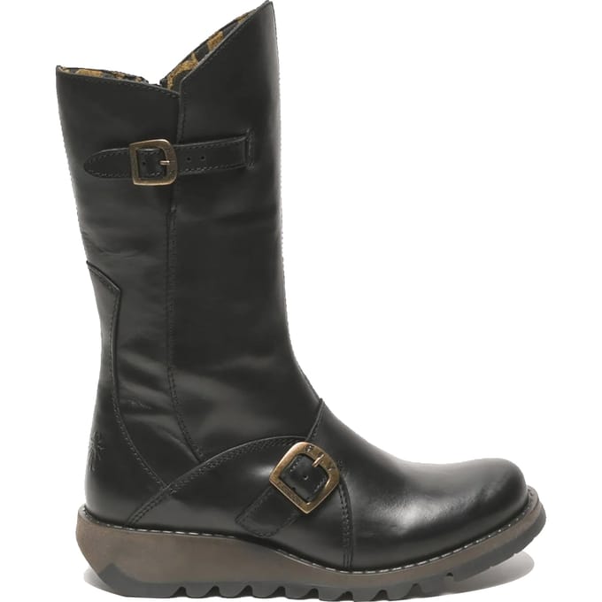 Fly London Dames Zwarte MES 2 Wedge Heel Buckle Mid-Calf Leren Zip Platform Laarzen