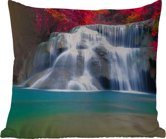 Tuinkussen - Waterval - Bomen - Rood - Landschap - Natuur - 40x40 cm - Weerbestendig