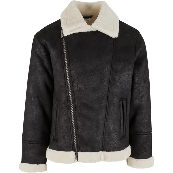 Urban Classics - Shearling Biker jacket - M - Zwart/Beige