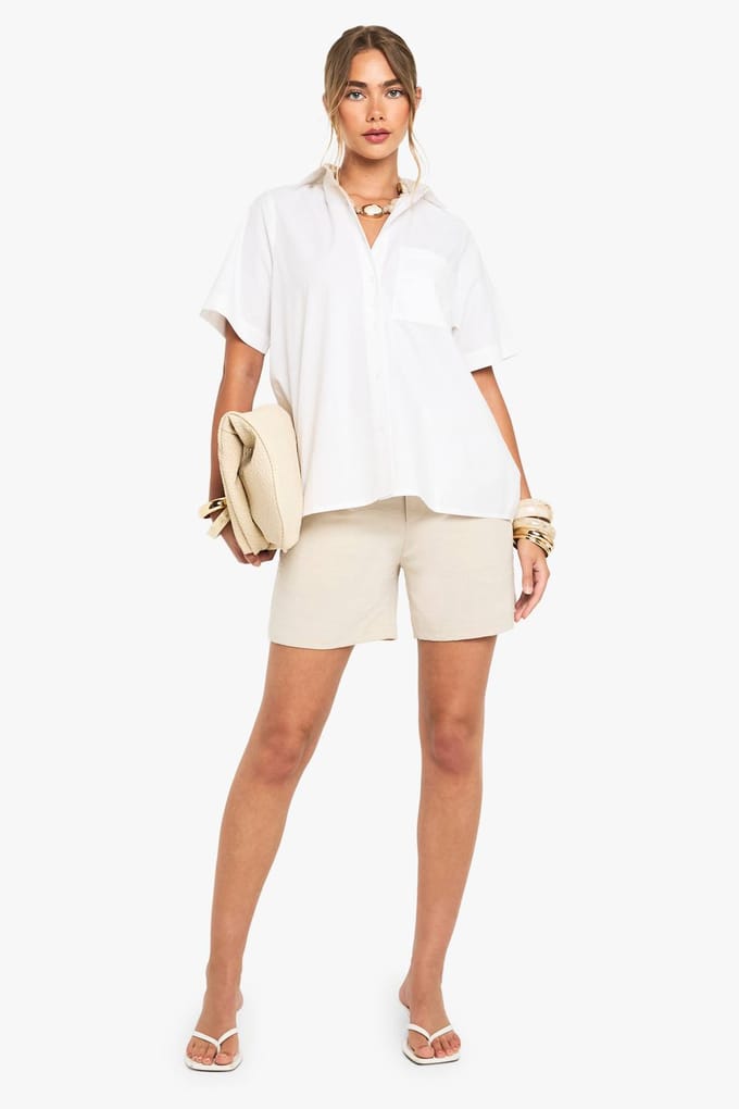 boohoo Dames Katoenen popeline overhemd met korte mouwen | White | Maat: 10