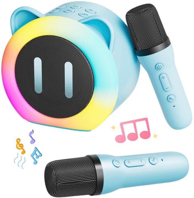 IBETTERTEC - Mini Bluetooth Karaoke Machine met 2 draadloze microfoons - met stemveranderings­effecten en LED-licht - draagbare Bluetooth luidspreker - ideaal cadeau voor jongens en meisjes