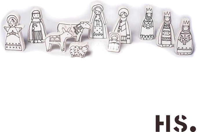 Kerststal met losse figuren - Wit/Zwart - 11 delig - keramiek
