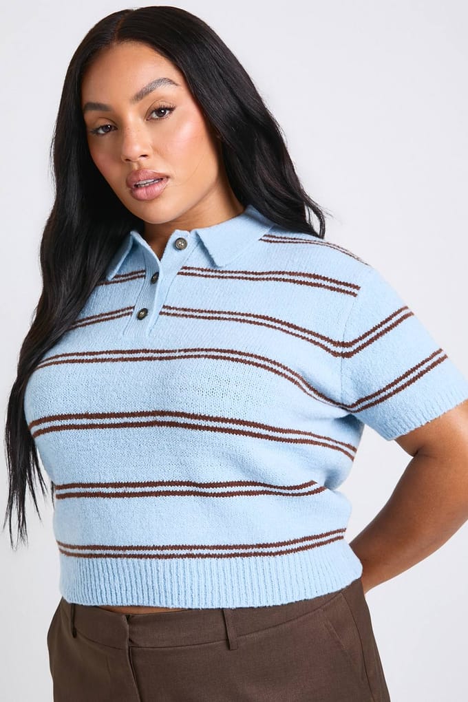 boohoo Dames PLUS Kraagdetail Gestreepte Gebreide Top | Blauw | Maat: 54