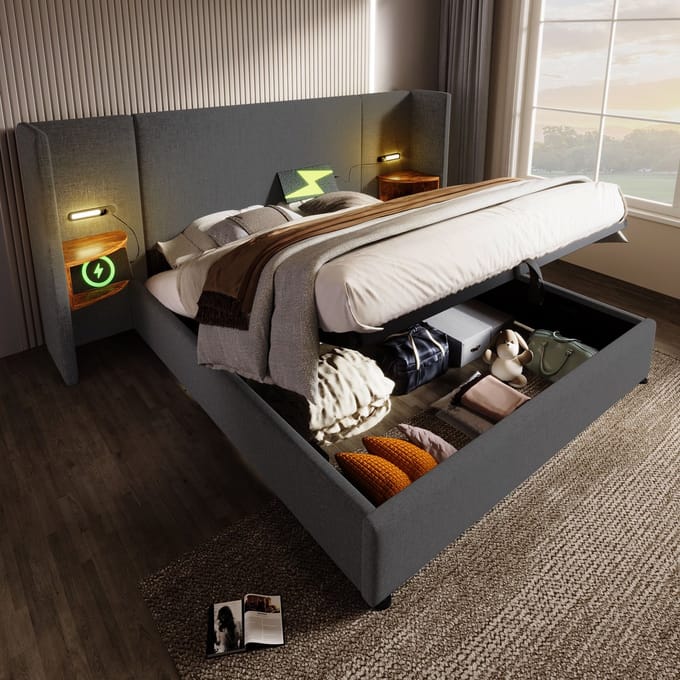REDOM Opbergbed 180x200 cm – Linnen – Hydraulisch – Leeslamp & USB/Type-C – Grijs – 226 kg