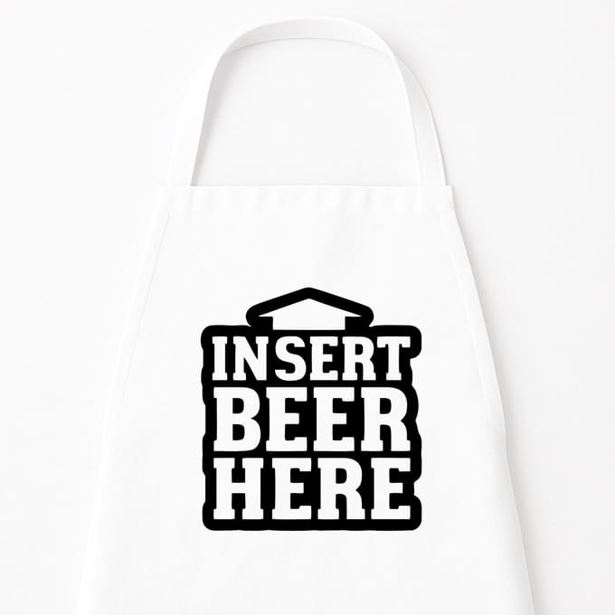 Go Mama - Keukenschort “Insert beer here” – Grappig kookschort – One Size – Verstelbaar – Wit – Cadeau voor bierliefhebbers